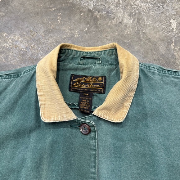 Vintage Eddie Bauer Green Barn Coat Corduroy Collar Chore Jacket Workwear - Picture 3 of 8